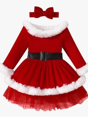 Red Faux-Fur Trim Holiday Velvet Dress with Belt and Bow
